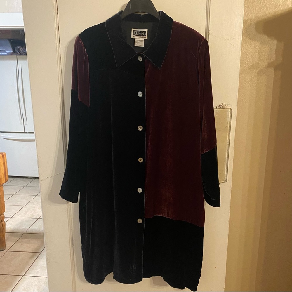 Christian Francis Roth CFR Velvet ColorBlock Long Button Down Tunic Jacket SZ 1X